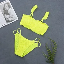 Sexy Neon Swimwear Beach Suit Frilled Smocked Bandeau Bikini Set Bathing Suit Ruffle Thong Padded Women Swimsuit Beach Wear 2019 Sexy Neon Swimwear Beach Suit Frilled Smocked Bandeau Bikini Set Bathing Suit Ruffle Thong Padded Women Swimsuit Beach Wear 2019