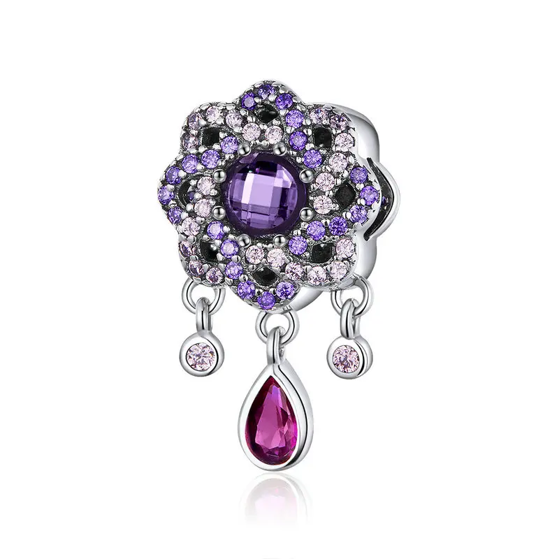 

ABAY Valentine Gift 925 Sterling Silver Purple Flower Shape Charms Pendants fit Original Pandora Bracelet Bead Jewelry