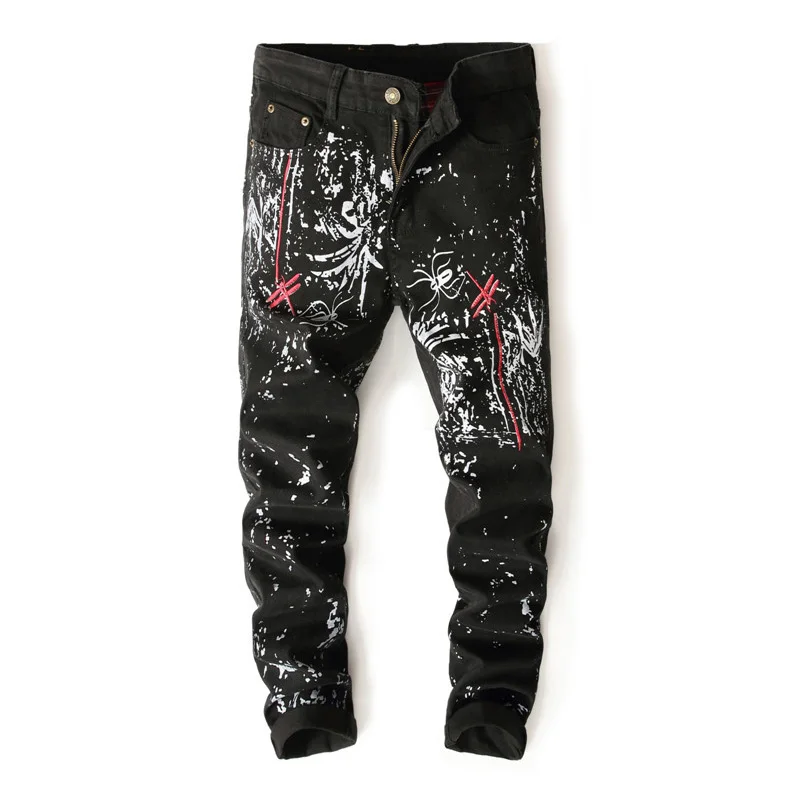 Новые стильные мужские дизайнерские окрашенные ночной клуб swag Черный Принт паук джинсы для женщин Прохладный уличная мотобрюки вышивк
