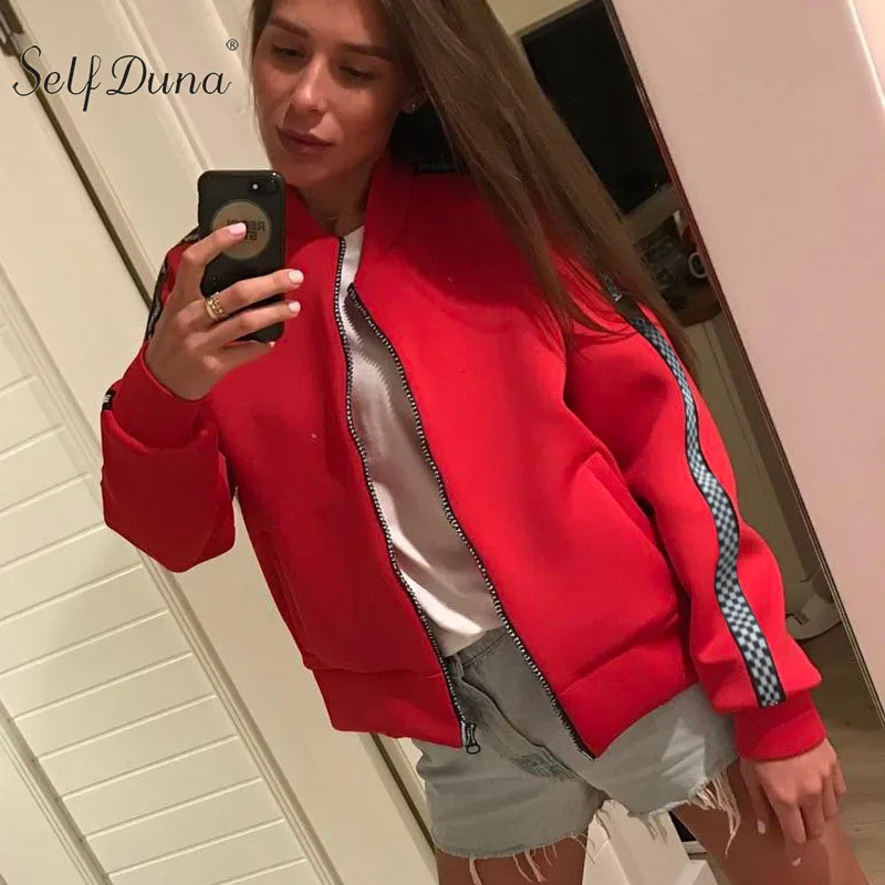 

Self Duna 2019 Autumn Winter Women Red Bomber Jacket Coat Plaid Pilot Jacket Zipper Loose Casual Baseball Basic Jackets