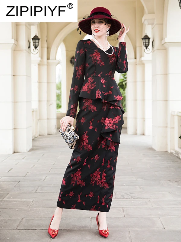 Winter Fashion Dresses Floral Fake Two Pieces Dresses Wrinkle Back Slit