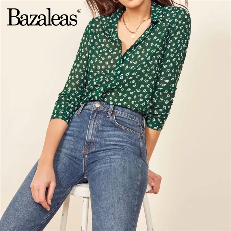 Bazaleas зеленый цветочный принт женские топы тонкая рубашка mujer de блузка moda blusas Feminina