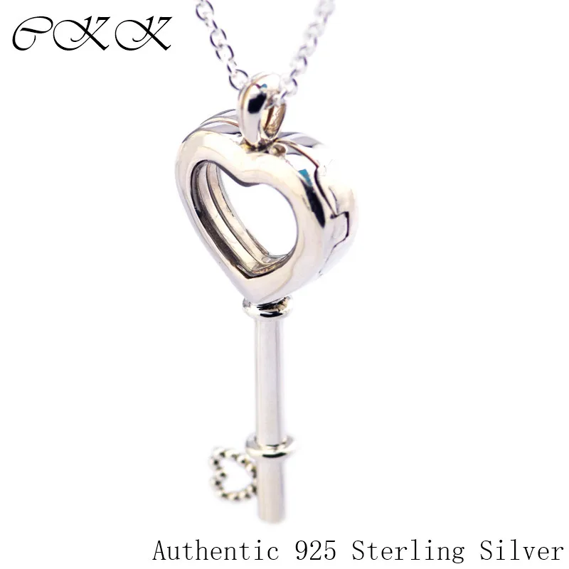

DIY Key Necklace 100% 925 Sterling Silver Floating Locket Heart Pendant Necklaces with Clear Cz for Women Fine Jewelry 53D