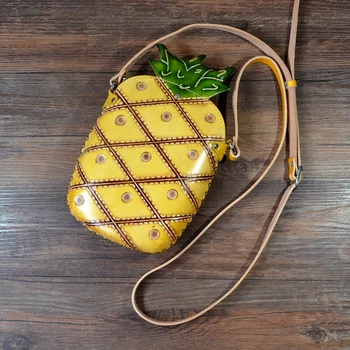

Handmade cowhide handbag cute fruit pineapple bag mini genuine leather shoulder bag