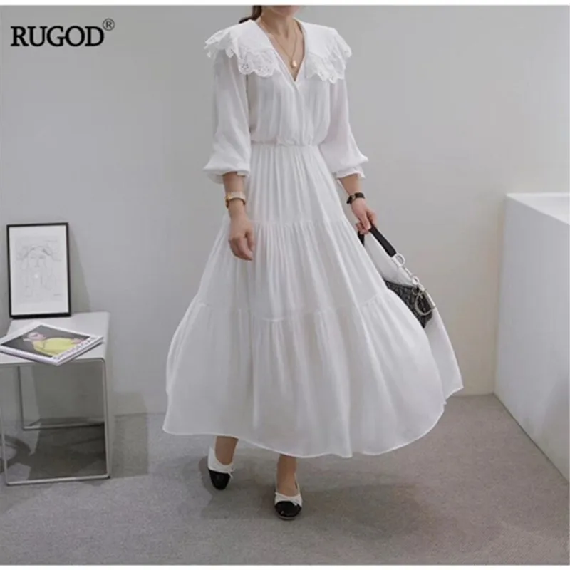RUGOD белое элегантное свободное Плиссированное женское платье с v-образным вырезом, свободная высокая талия, корейский стиль, воротник Питер Пэн, modis femme vestido verano