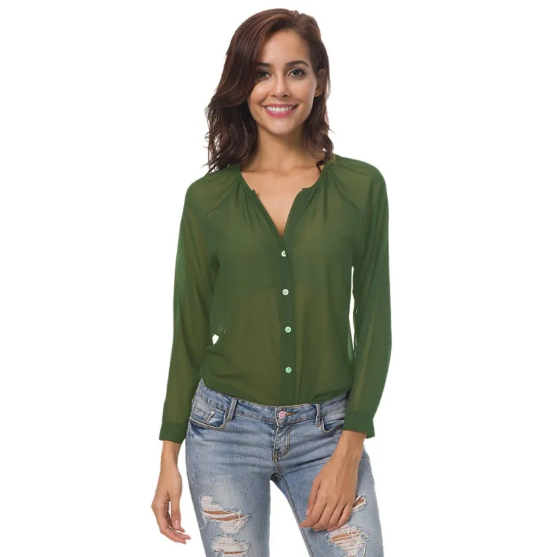 New Transparent Blouse Summer Chiffon Shirts V Neck Long Sleeve Button