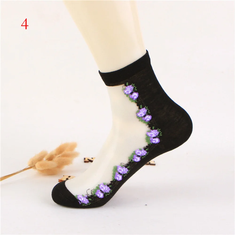 

1Pair Beautiful Women Lace Socks Crystal Glass Silk Short Thin Transparent Roses Flower Socks