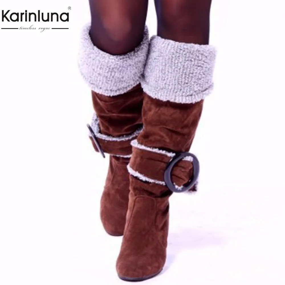 Meilleur Karinluna 2018 grande taille 33 43 gros haute talons d hiver en peluche bottes Femmes Chaussures Femme bottes slip sur chaud partie femme bottes