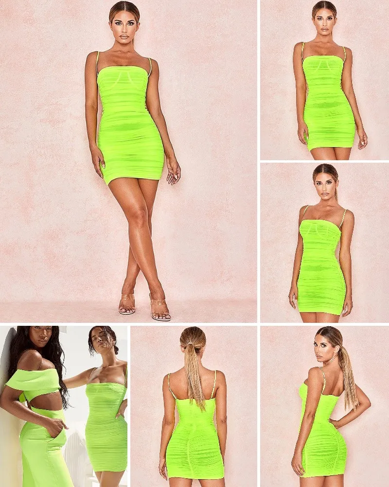 Forefair Sexy Bodycon Mesh Dress Neon Green