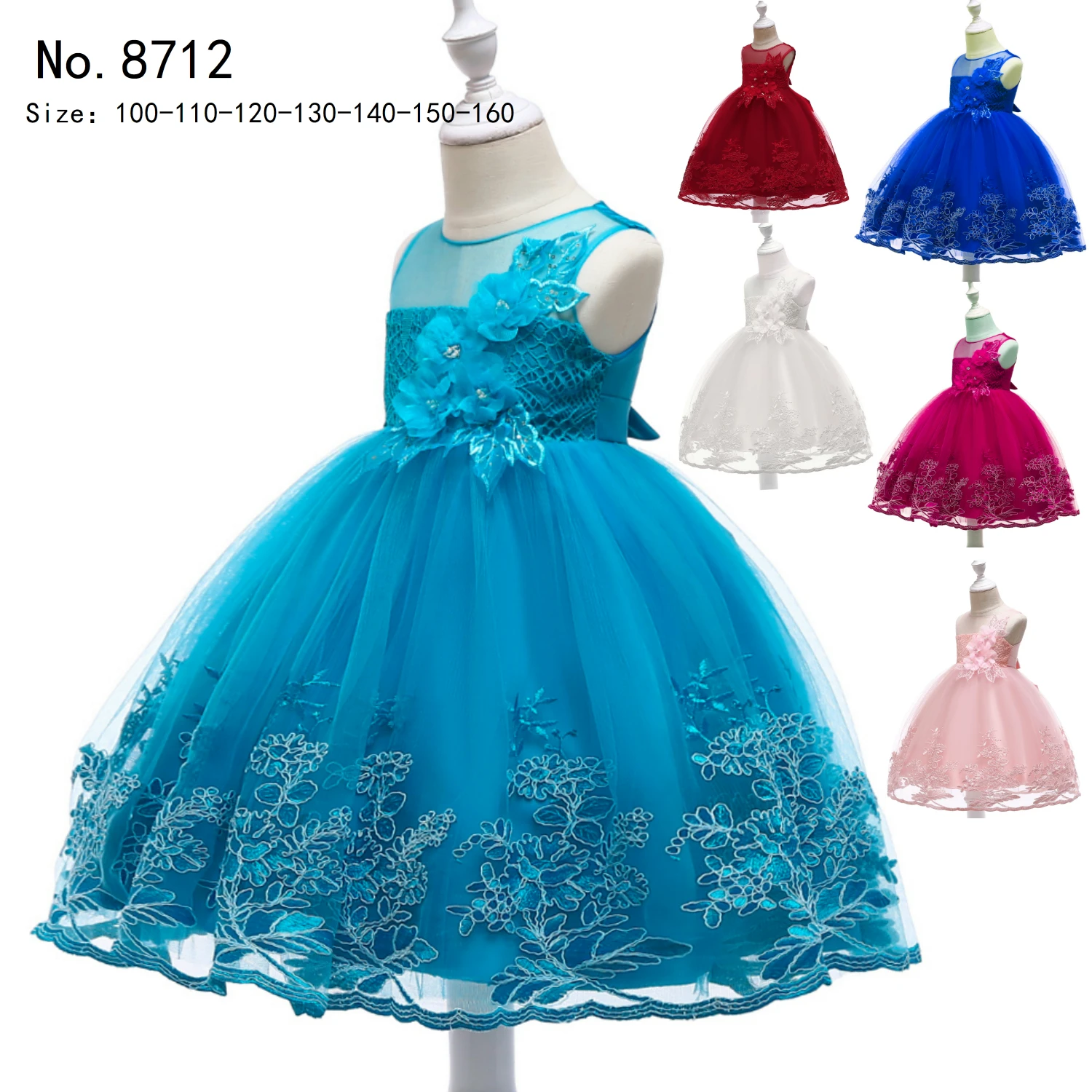 

Free Shipping 3-12 Years Formal Princess Gown 2019 New Arrival Knee Length Kids dress For Children Pink Flower Girl Dresses 8712