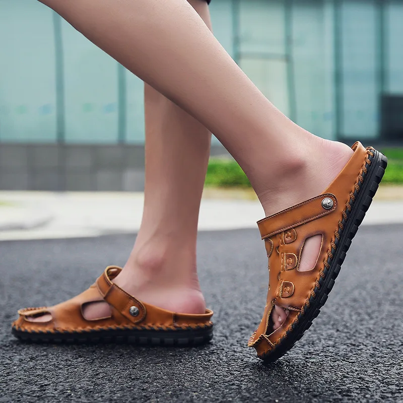 

Summer new men's sandals, leather men's casual sandals, flat-soled beach shoes