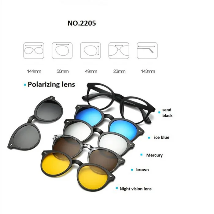 Ретро 5+ 1 поляризованные очки с зажимом для близорукости, оправа для очков для мужчин и женщин, набор из пяти магнитов, зеркало 0-1-1,5-2-2,5-3-3,5-4,0 - Цвет линз: 2205
