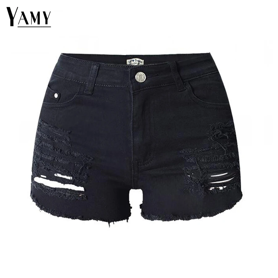 Vintage Black Ripped Jeans Short Women Sexy Hole High Waist Denim