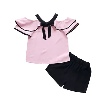 

Girl Summer Bowtie Chiffon 2 Pcs Clothing Set Princess Girls Cut Out Soft Clothes Suits Baby Off Shoulder Shirt + Shorts AA11754
