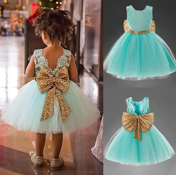 

Sweet Bowknot A-line Flower Girl Dress Princess Party Sequined Wedding Dresses Summer Kids Clothes For Girls Roupas Infantis