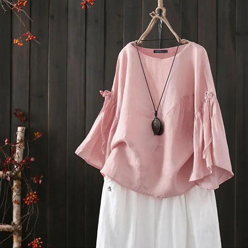 

ZANZEA Summer Blouse Women O Neck Flare Sleeve Casual Tops Solid Robe Femme Cotton Shirt Bow Tie Blusas Loose Tee Shirts Mujer