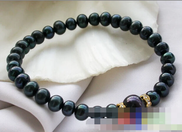 

free shipping 01396 ROUND Black FRESHWATER PEARL BRACELET