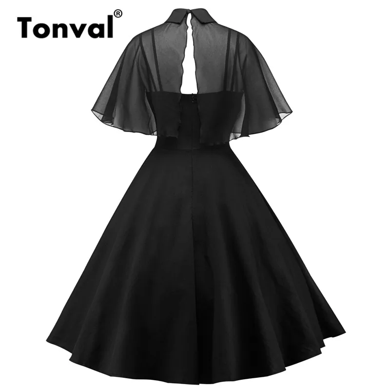 Tonval рокабилли винтажное черное платье из двух частей шифоновое платье трапециевидной формы с накидкой женские вечерние платья миди с рукавами-плащами