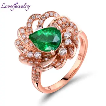 

LOVERJEWELRY Women Emerald Ring Real 18Kt Rose Gold Flower Shape Jewelry 6x8mm Pear Cut Emerald Natural Diamond Engagement Rings