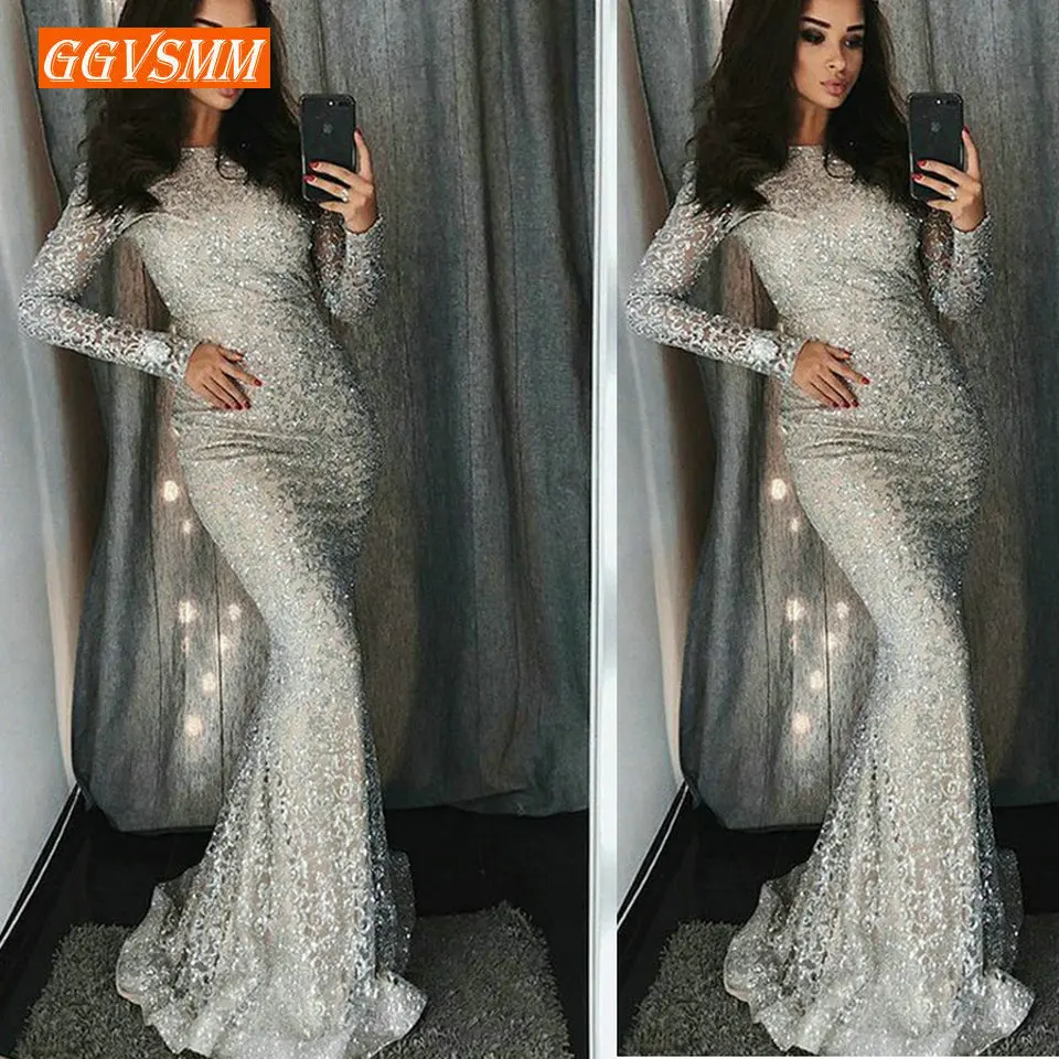 

Fashion Lace Mermaid Long Evening Dresses Women Party 2019 Sexy Evening Gowns High-Neck Zipper Lady glitter bodycon Club Dress