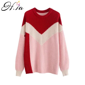 

H.SA Women Patchwork Winter Pullover and Sweaters Oneck 2018 Fashion Chic Sweater Pull Streetwear Oversized Jumper manteau femme