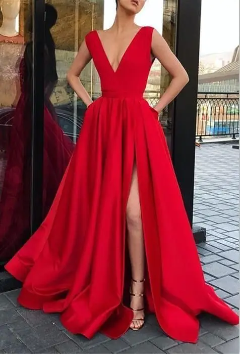 Простые красные платья для выпускного вечера v-образным вырезом из сатина высокий разрез Вечернее платье с карманами длинное платье для выпускного вечера vestidos de festa