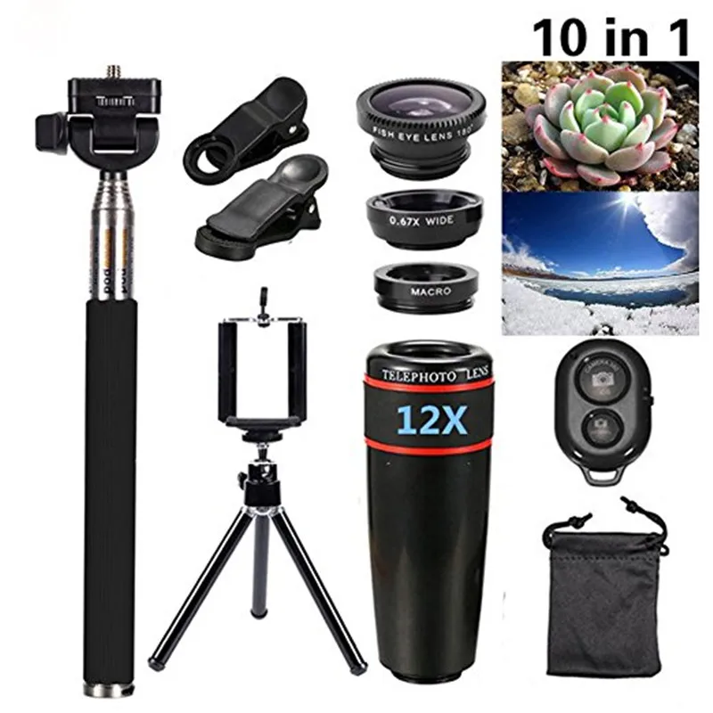 Cell Phone Camera Zoom Lens Kit 12X Telescope Lens Fisheye