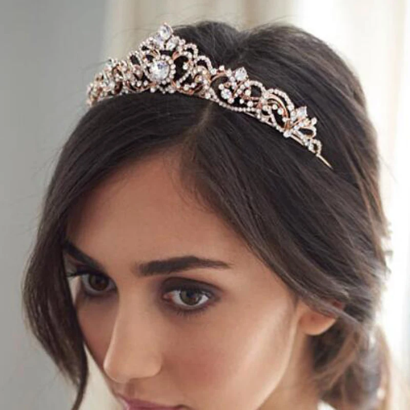 Роскошная свадебная диадема принцессы с круглым кристаллом из розового золота, Тиары и короны, повязки для женщин, свадебные аксессуары для волос