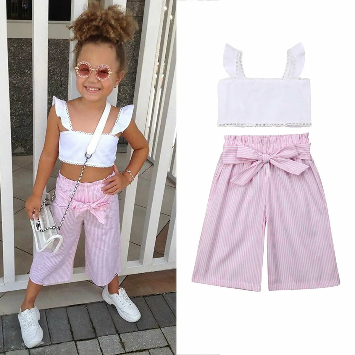 

Toddler Baby Girl Lace Sleeveless Vest Top Stripe Long Pants Summer Fashion Girls Clothes Set 1-6Y Set