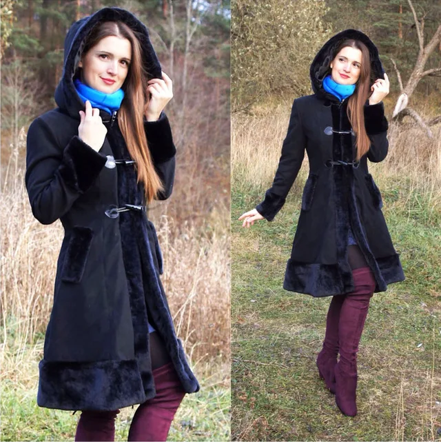 2019 Coat Black Flocking Women Winter Goth Trench