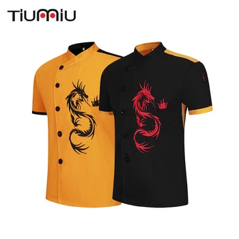 

2019Traditional Dragon Embroidery Chef Jackets Short-sleeved Kitchen Catering Coffee Cake Restaurant Hotel Uniform Chaqueta Chef