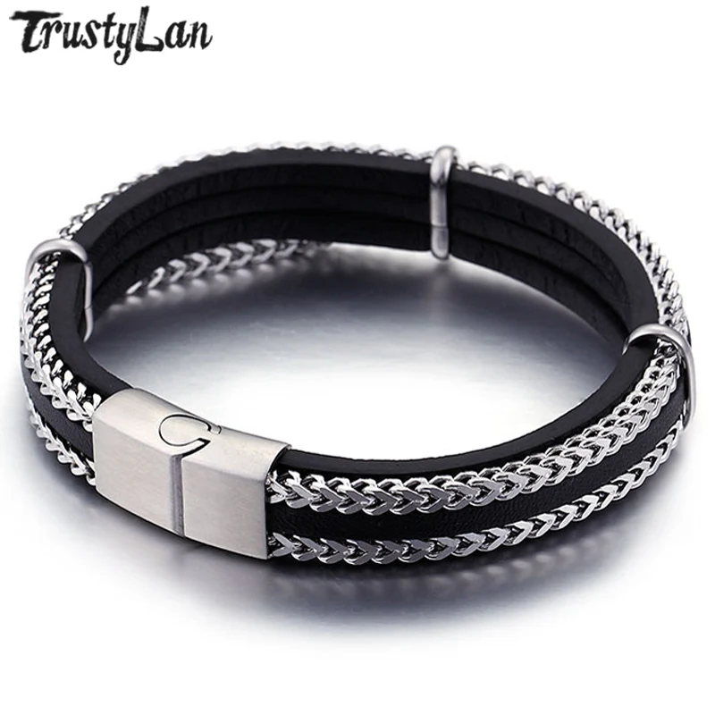 

TrustyLan New Genuine Leather Mens Wrap Bracelet Stainless Steel Jewellery Best Friend Bracelets & Bangles 2018 Armbanden