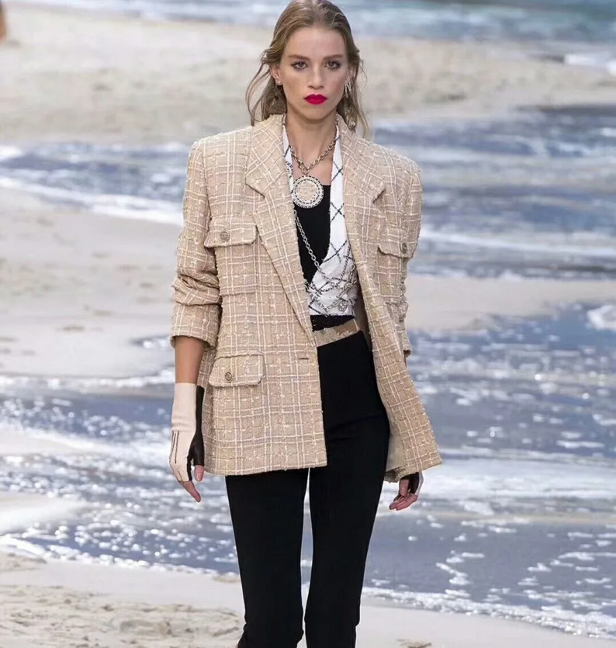 Hot Fashion tweed jackets coat 2019 spring autumn casual loose plaid blazers coat A363