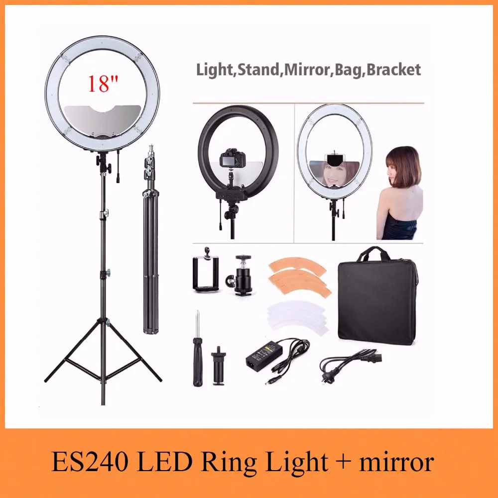 

ES240 18" 5500K Dimmable LED Adjustable Ring Light with Diffuser + light stand tripod and mirror as RL-18 led ring light