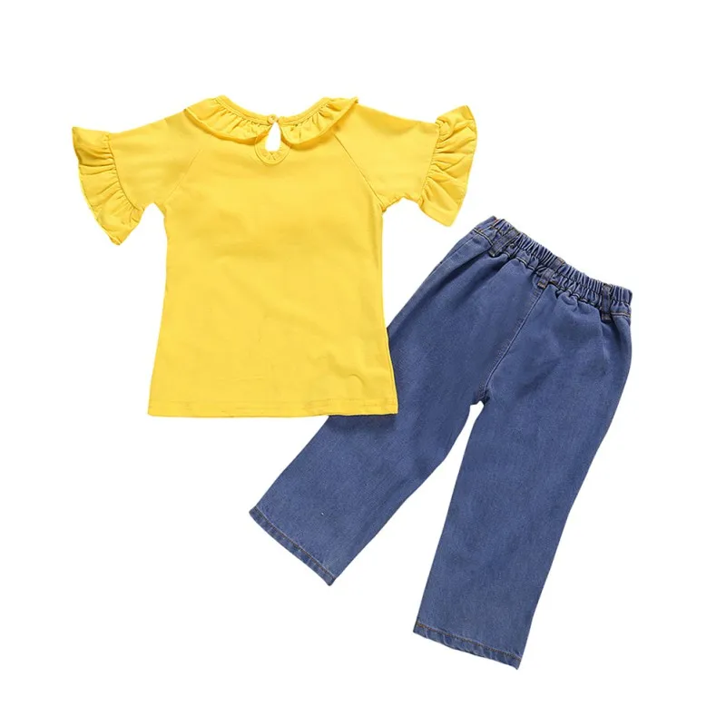 Yellow Fashion O-Neck Pullover Summer Baby Toddler Girl Flare Sleeve T-shirt Blouse Tops With Ruffle+Denim Pants Casual Outfits