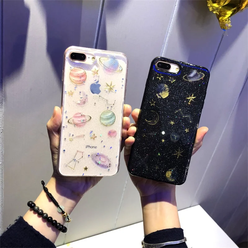 

GYKZ 3D Space Planet Bling Glitter Phone Case for iPhone X 6 6s 7 8 Plus Soft Silicone Coque For iPhone 7 Clear Cute Cover
