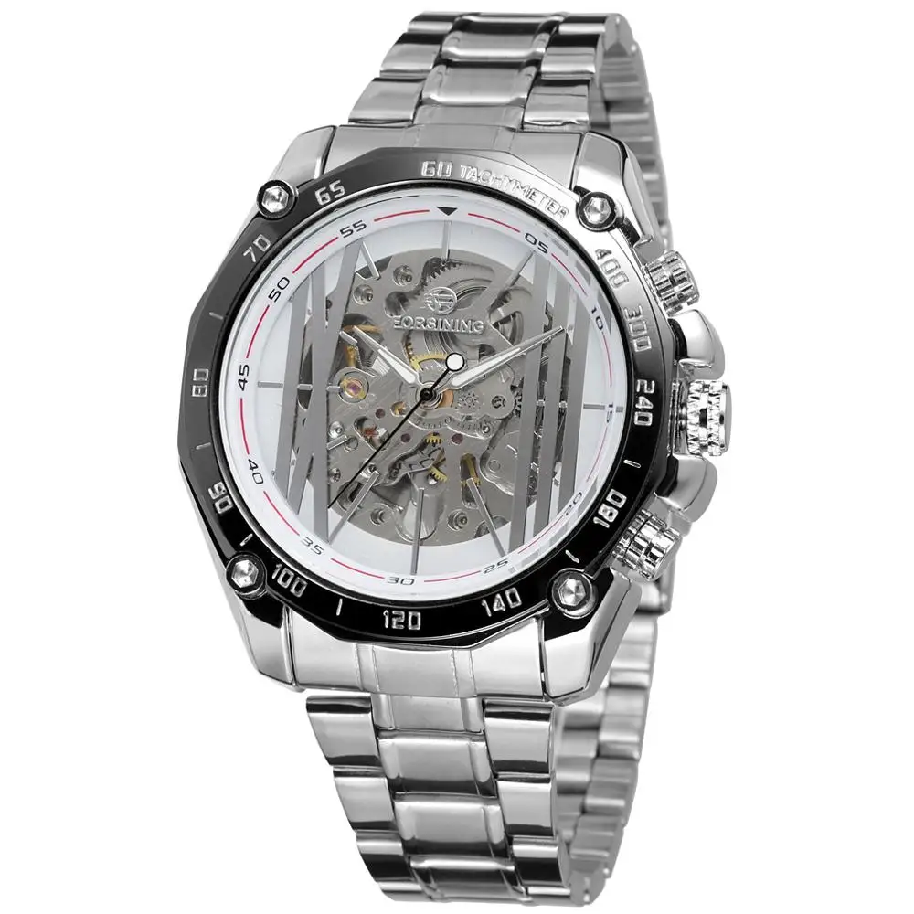 

FORSINING WATCHFashion creative four corners with drill two digital dial silver steel strap white surface men's mechanical watch
