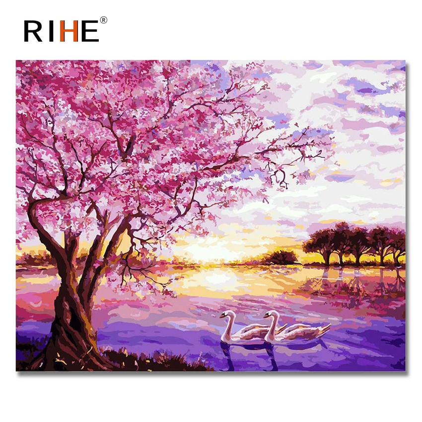 

RIHE Pink Tree Diy Painting By Numbers Abstract Swan River Oil Painting On Canvas Cuadros Decoracion Acrylic Wall Picture 2018