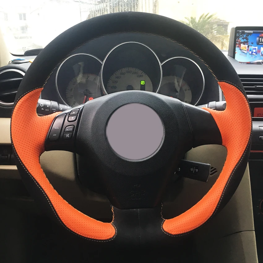 Black Suede Orange Leather Car Steering Wheel Cover for Mazda 3 Axela