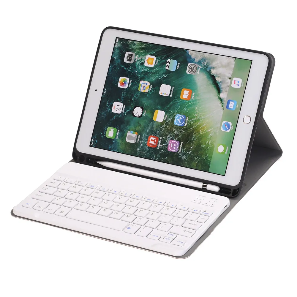 For iPad 9.7 2018 Removable Wireless Bluetooth Russian/Hebrew Keyboard+Slim Stand PU Leather Case Cover Build-in Pencil Holder