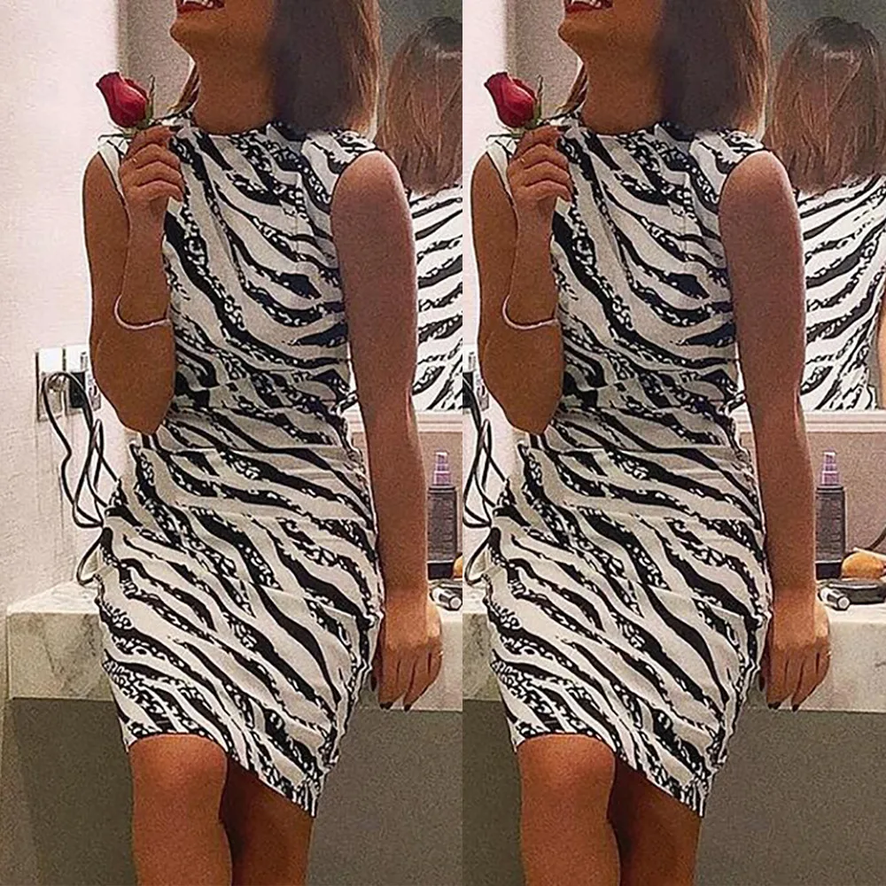 Casual fashion women's sexy striped print sleeveless zebra print sexy bag hip mini dress dress summer casual dress summer L0314