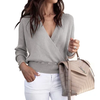 

2019 Sweater Women Fashion Deep Cross V neck Long Sleeve Knitted Sweaters Tops Female Casual Autumn Winter Pullovers Pull Femme