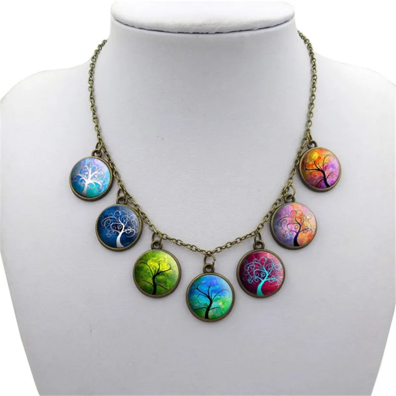 

Vintage Jewelry Pendant Necklace Tree of Life Glass Cabochon Art Picture Ancient bronze Chain Choker Necklace for Women Gift