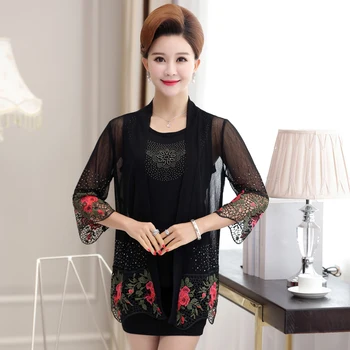 

NIFULLAN 2Pcs/Set Summer Women Clothing T-shirt Two Pieces Set Plus Size Mother O-neck Diamond Vest And Embroidery Cardigan Tops
