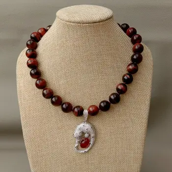 

18" Natural Round Red Tiger Eye Necklace CZ Pendant