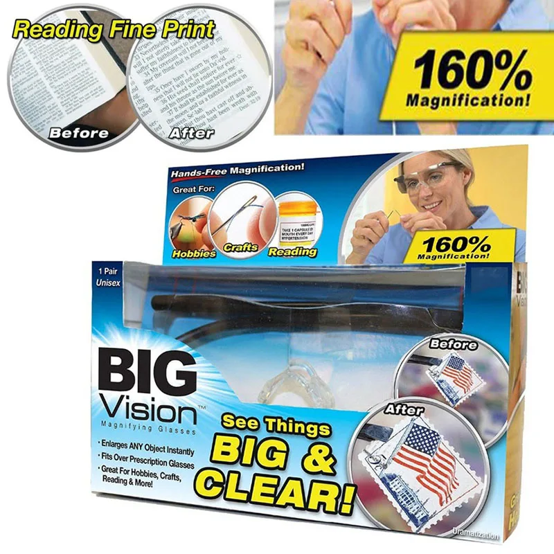

2017 New Big Vision Plastic Glasses 250 /160 Degrees Magnifying Eyewear That Makes Everything Bigger and Clearer
