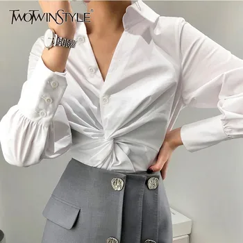 

TWOTWINSTYLE Cross Women's Shirt Blouse Lantern Long Sleeve White Shirts Tops Female 2020 Autumn OL Fashion Clothes Large Sizes
