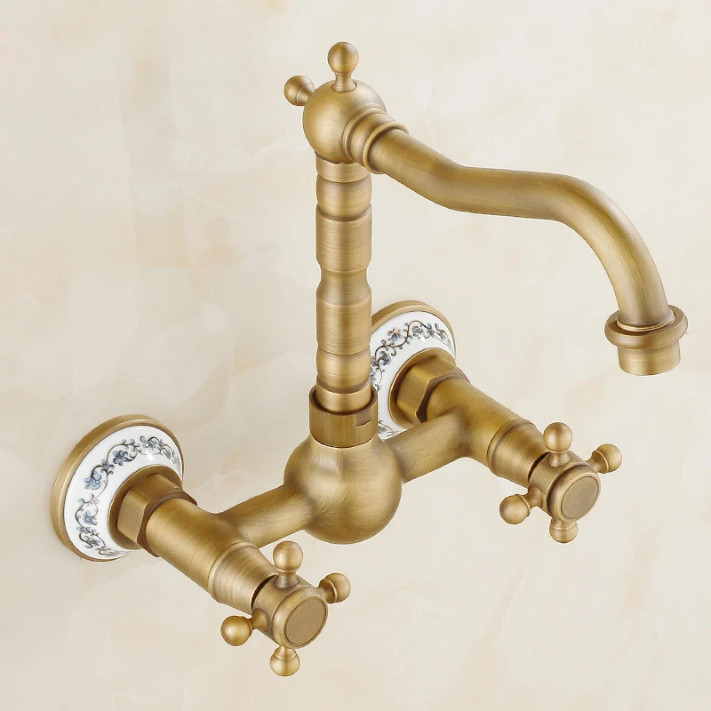 Vintage Retro Antique Brass Wall Mounted Dual Cross Handles Swivel Kitchen Bathroom Sink Basin Faucet Mixer Tap aan023