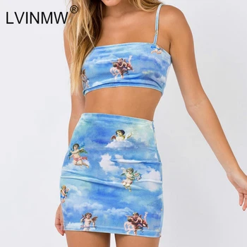 

LVINMW Sexy Angel Cupid Printed Bodycon 2 Pieces Sets Fashion 2019 Summer Women Camisole Crop Tops And High Waist Mini Skirts