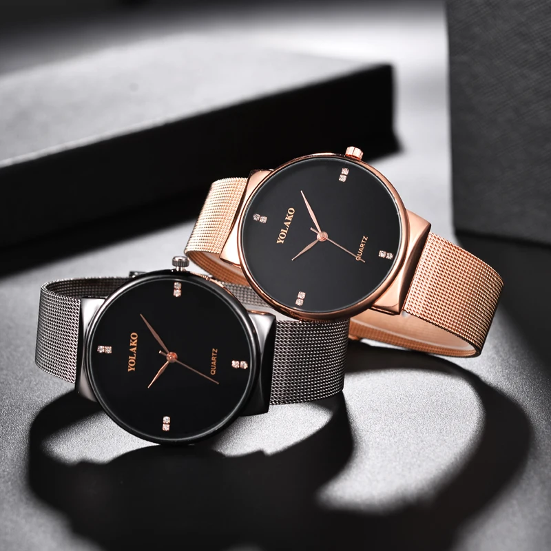 

Unisex Fashion Watches Concise Diamond Simple Luxury Quartz Belt Mesh Strap Rose Gold Minimalist Wristwatch Relogio Feminin